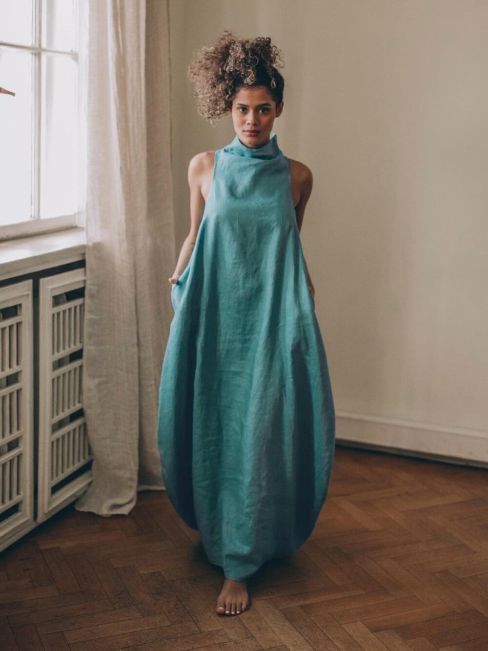 VisibleArt Blue Green Linen Cocoon Maxi Dress Size S